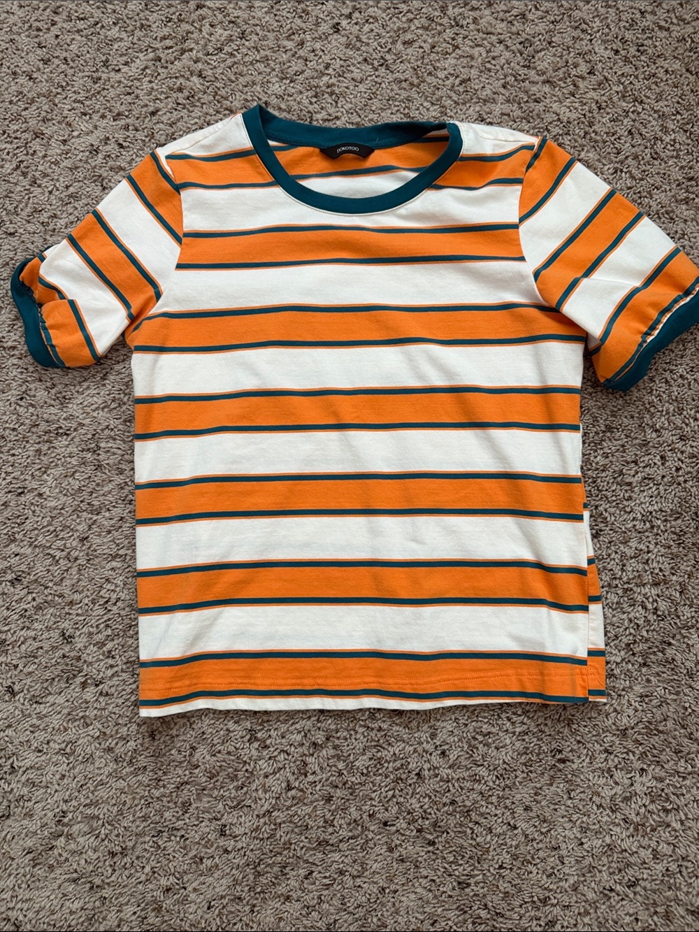Striped Orange & Cream Short Sleeve Tee with Teal Trim